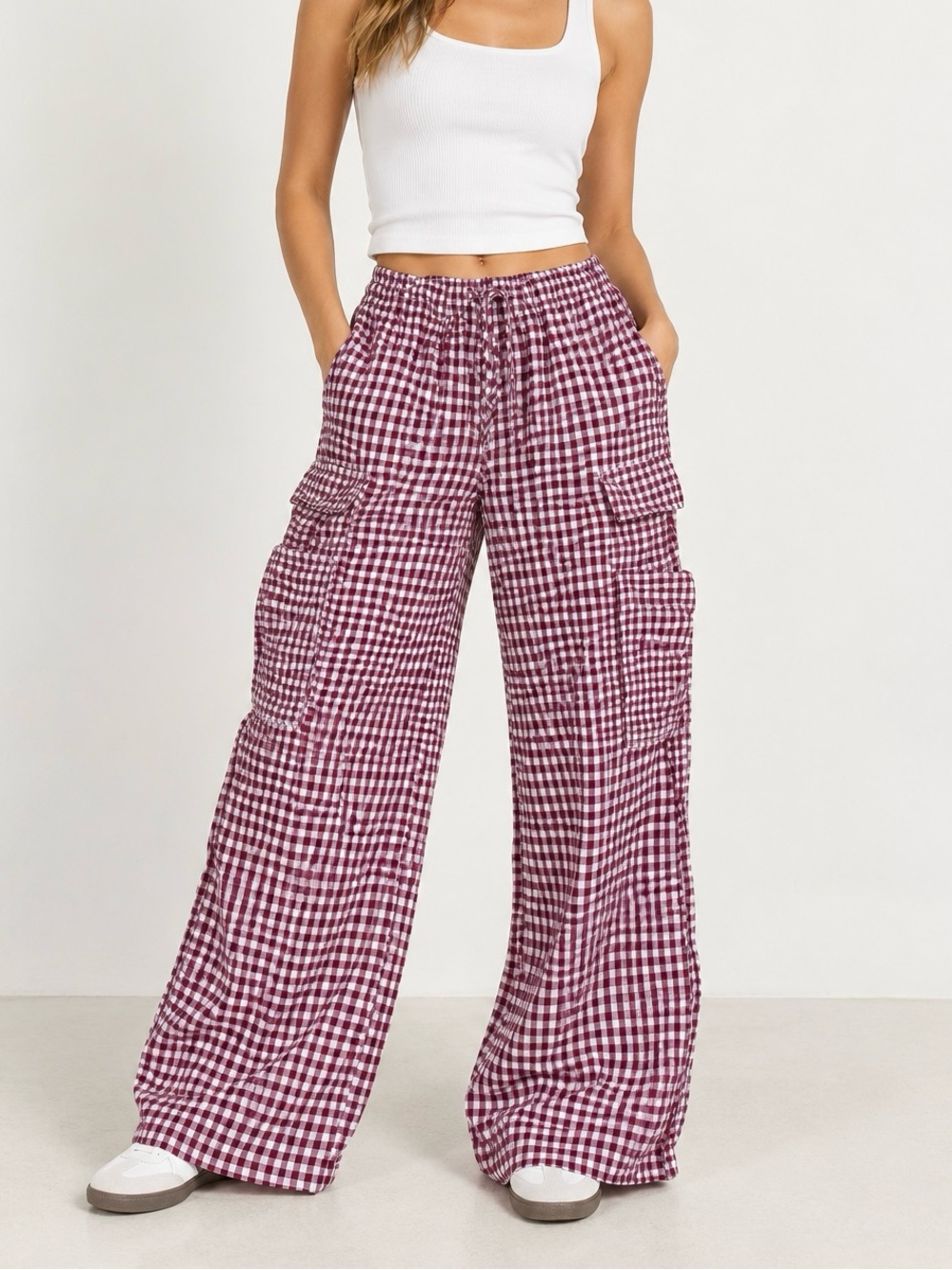 Reformation Gingham Wide-Leg Cargo Pants